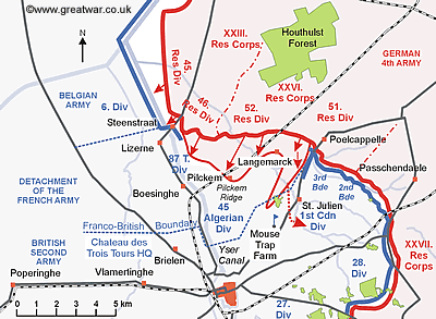 Map showing the German advance into the Canadian left flank.