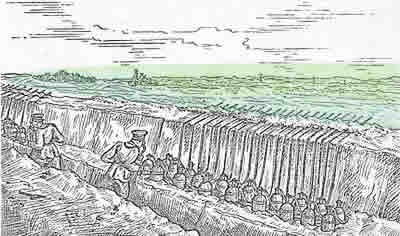Gas cylinders installed in a trench for a gas cloud attack in a sketch by Dr R Hanslian.