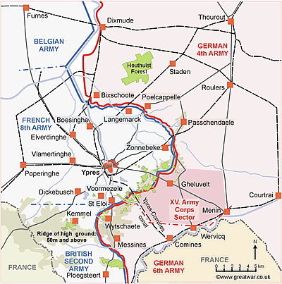 Map of the Ypres Salient showing the XV Corps sector south-east of Ypres where the gas trial was to take place.