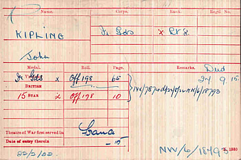 Medal Index Card for John Kipling