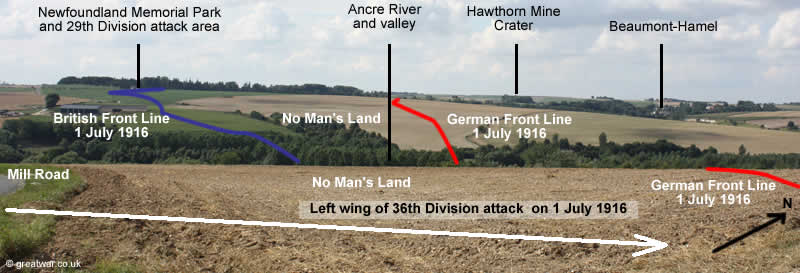 View of the Ancre River valley from 36th Ulster Division attack across No Man's Land on 1st July 1916.