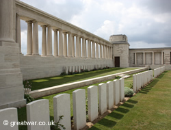 Open colonnade forming the eastern boundary wall and the southernmost corner of the memorial wall.