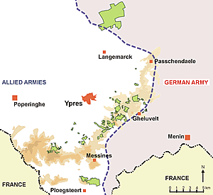 Map of the front lines in the Ypres Salient at the end of the Third Battle of Ypres (known as the Battle of Passchendaele) by mid November 1917.